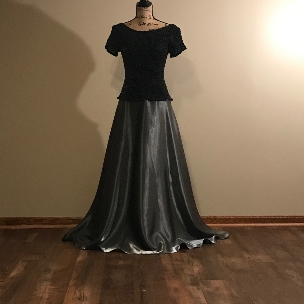 One piece full length silver and black dress